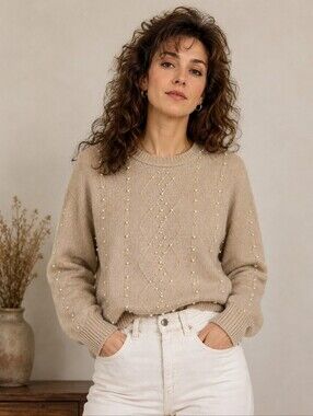 LILY MORGAN PEARL EMBELLISHED CABLE KNIT SWEATER SIZE LARGE